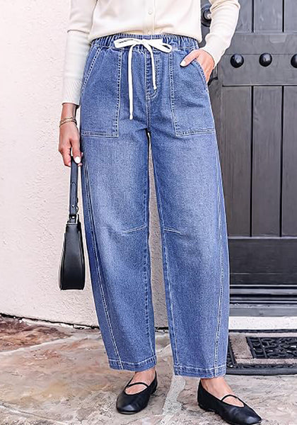 GRAPENT Women's High Waisted Baggy Barrel Jeans | Stretchy Denim, Elastic Drawstring Waist, Pull On, 27.5" Inseam, Ankle Length, Dressy Casual Outfits