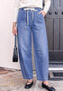 GRAPENT Women's High Waisted Baggy Barrel Jeans | Stretchy Denim, Elastic Drawstring Waist, Pull On, 27.5