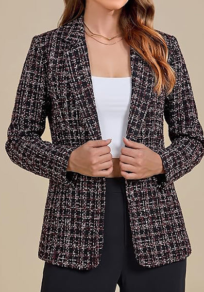 GRAPENT Women's Tweed Plaid Blazer | Notched Lapel, Fully Lined, Shoulder Pads, Single Button, 2 Pockets, Interview Office Business Casual