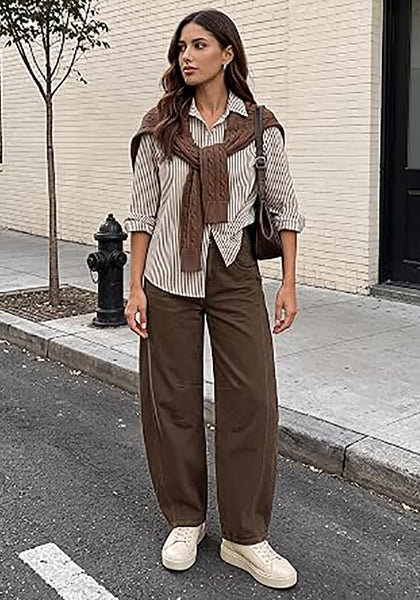 Dark Brown Women's Trendy Barrel Jeans — High Waisted Baggy Wide Leg Denim Pants with Cinched Waist, Front Seam & Ankle Length