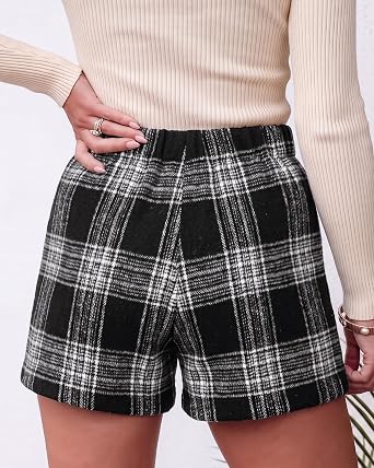 Black White Women's Plaid Skort High Waist Faux Wrap Mini Skirt with Side Zipper, Elastic Back & Built-in Shorts