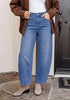 Medium Blue Women's High Waisted Wide Leg Jeans by luvamia — Stretchy 90s Baggy Straight Denim, Raw Hem, Button Front, 29.5