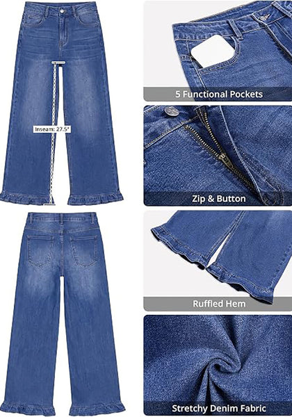 GRAPENT Women's High Waisted Ruffle Hem Wide Leg Jeans | Stretch Denim, 27.5" Inseam, Ankle Cropped, Baggy Fit, Weekend Casual