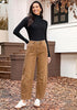 Golden Brown Women's High Waisted Wide Leg Jeans by luvamia — Stretchy 90s Baggy Straight Denim, Raw Hem, Button Front, 29.5