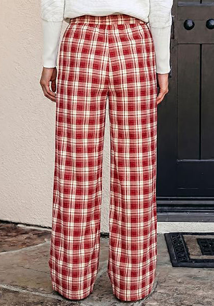 GRAPENT Women's High Waisted Wide Leg Plaid Pants | Tartan Pattern, Elastic Waist Drawstring, Pockets, Relaxed Fit, Casual Daily Fall Outfits
