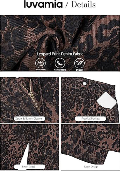 Brown Leopard Women's Trendy Leopard Barrel Jeans — High Waisted Baggy Wide Leg Stretchy Denim Pants with Front Seam & Ankle Length