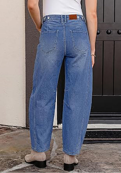 Classic Blue Women's Trendy Barrel Jeans — High Waisted Baggy Wide Leg Denim Pants with Cinched Waist, Front Seam & Ankle Length