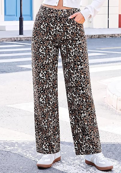 GRAPENT Women's High Waist Wide Leg Leopard Jeans | Stretchy Denim, Baggy Loose Fit, 29.5" Inseam, Cheetah Print, Western Chic Outfits