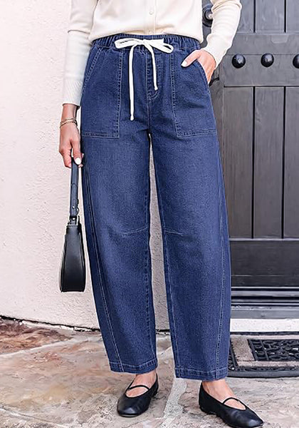 GRAPENT Women's High Waisted Baggy Barrel Jeans | Stretchy Denim, Elastic Drawstring Waist, Pull On, 27.5" Inseam, Ankle Length, Dressy Casual Outfits