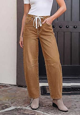 Golden Brown Barrel Jeans for Women High Waisted Baggy Drawstring Wide Leg Denim Pants Stretchy Ankle Length 27.5 Inseam Casual Trendy