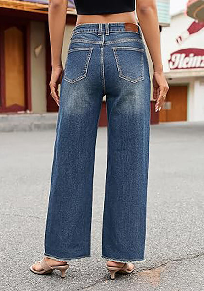 Vintage Blue Women's High Waisted Wide Leg Jeans by luvamia — Stretchy 90s Baggy Straight Denim, Raw Hem, Button Front, 29.5" Inseam, Casual Western Work Pants