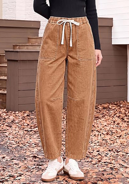 GRAPENT Women's High Waisted Baggy Barrel Jeans | Stretchy Denim, Elastic Drawstring Waist, Pull On, 27.5" Inseam, Ankle Length, Dressy Casual Outfits