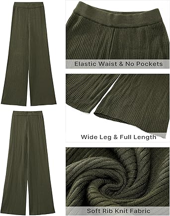 Army Green Women's Casual Elastic Waist Full Length High Waisted Relaxed Fit Stretch Wide Leg Pants in Acrylic Fibers