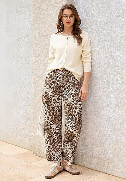 GRAPENT Women's High Rise Leopard Barrel Jeans | Leopard Print Denim, Adjustable Cinched Waist, Frayed Hem, 28" Inseam, Country Concert Casual Work Wear