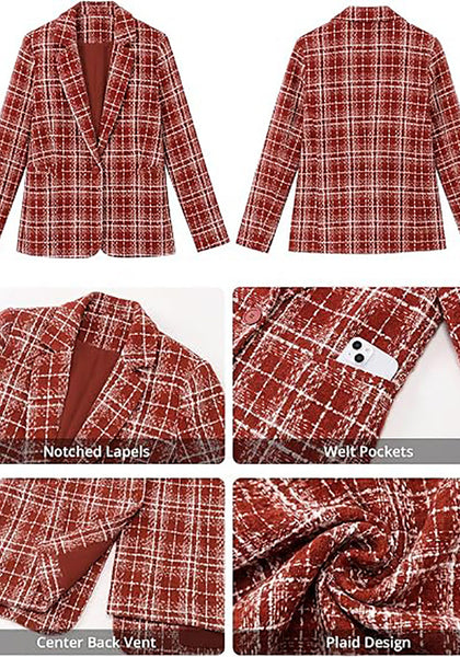 GRAPENT Women's Tweed Plaid Blazer | Notched Lapel, Fully Lined, Shoulder Pads, Single Button, 2 Pockets, Interview Office Business Casual