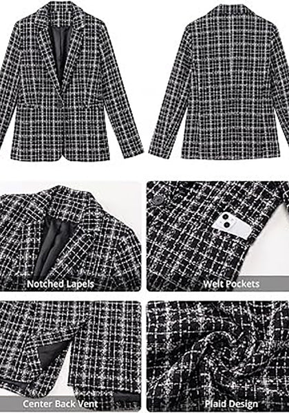 Black &White Women's Plaid Tweed Work Blazer | Long Sleeve Notched Lapel Jacket, Fully Lined, Shoulder Pads, Single Button, 2 Pockets – Office, Interview, Business Casual