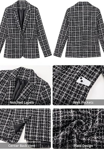 GRAPENT Women's Tweed Plaid Blazer | Notched Lapel, Fully Lined, Shoulder Pads, Single Button, 2 Pockets, Interview Office Business Casual