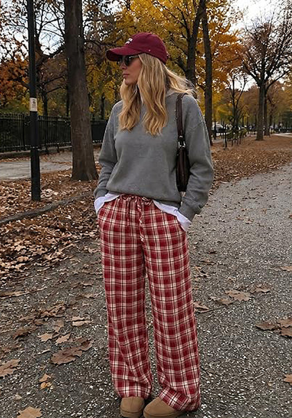 GRAPENT Women's High Waisted Wide Leg Plaid Pants | Tartan Pattern, Elastic Waist Drawstring, Pockets, Relaxed Fit, Casual Daily Fall Outfits