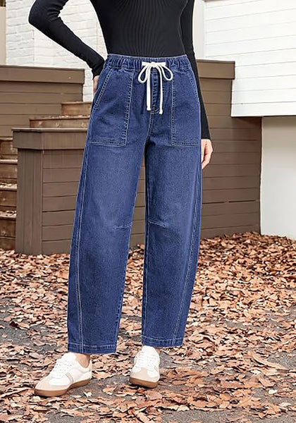 GRAPENT Women's High Waisted Baggy Barrel Jeans | Stretchy Denim, Elastic Drawstring Waist, Pull On, 27.5" Inseam, Ankle Length, Dressy Casual Outfits