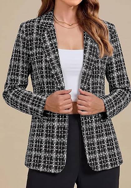 GRAPENT Women's Tweed Plaid Blazer | Notched Lapel, Fully Lined, Shoulder Pads, Single Button, 2 Pockets, Interview Office Business Casual