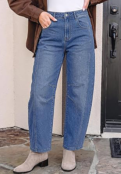 Classic Blue Women's Trendy Barrel Jeans — High Waisted Baggy Wide Leg Denim Pants with Cinched Waist, Front Seam & Ankle Length