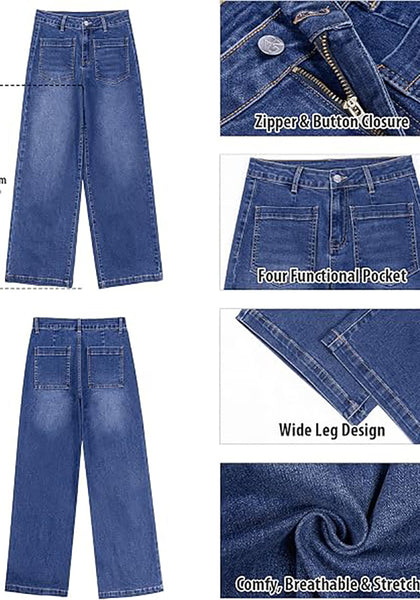 GRAPENT Women's High Waisted Wide Leg Jeans | Soft Stretch Denim, Patch Pocket, 29.5" Inseam, Full Length, Casual Work Outfits