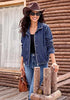 Darkness Blue Women's Funnel Neck Denim Jacket — Oversized Zip Up Jean Jacket with Drop Shoulder, Elastic Hem & Side Slant Pockets