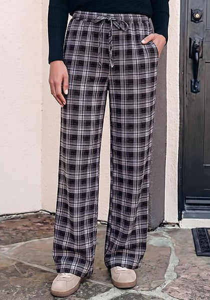 GRAPENT Women's High Waisted Wide Leg Plaid Pants | Tartan Pattern, Elastic Waist Drawstring, Pockets, Relaxed Fit, Casual Daily Fall Outfits