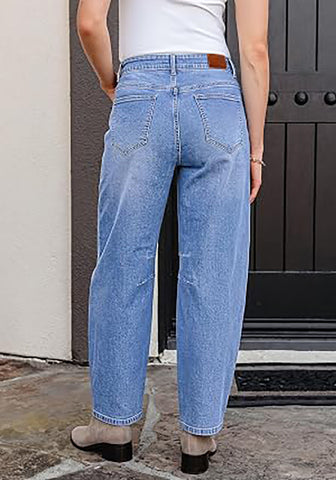 Medium Blue Barrel Jeans for Women High Waisted Baggy Drawstring Wide Leg Denim Pants Stretchy Ankle Length 27.5 Inseam Casual Trendy