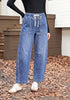 GRAPENT Women's High Waisted Baggy Barrel Jeans | Stretchy Denim, Elastic Drawstring Waist, Pull On, 27.5