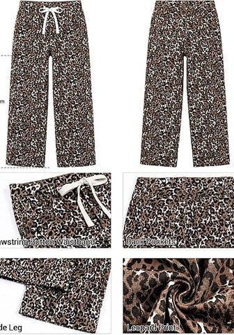 GRAPENT Women's High Waisted Wide Leg Leopard Jeans | Leopard Print Denim, Drawstring Waist, Loose Straight Leg, 28" Inseam, Dressy Casual Everyday Wear