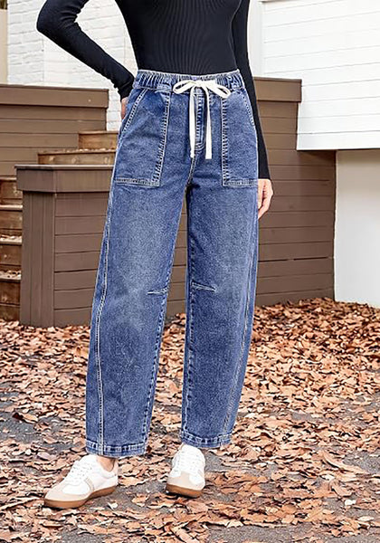 GRAPENT Women's High Waisted Baggy Barrel Jeans | Stretchy Denim, Elastic Drawstring Waist, Pull On, 27.5" Inseam, Ankle Length, Dressy Casual Outfits