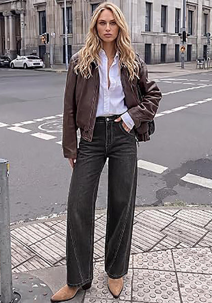 Washed Black Women's Wide Leg High Waist Stretch Jeans Baggy Straight Leg Denim Pants,  29.5 Inch Inseam Angled Side Seam, Country Concert Western Style