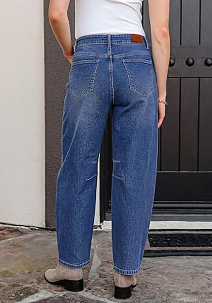 Darkness Blue Barrel Jeans for Women High Waisted Baggy Drawstring Wide Leg Denim Pants Stretchy Ankle Length 27.5 Inseam Casual Trendy