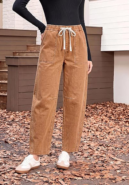 GRAPENT Women's High Waisted Baggy Barrel Jeans | Stretchy Denim, Elastic Drawstring Waist, Pull On, 27.5" Inseam, Ankle Length, Dressy Casual Outfits