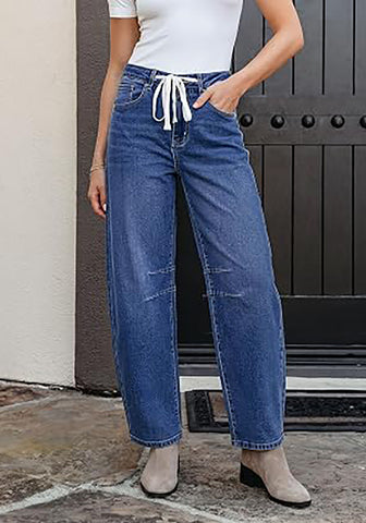 Darkness Blue Barrel Jeans for Women High Waisted Baggy Drawstring Wide Leg Denim Pants Stretchy Ankle Length 27.5 Inseam Casual Trendy