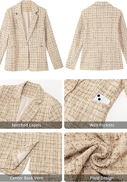 GRAPENT Women's Tweed Plaid Blazer | Notched Lapel, Fully Lined, Shoulder Pads, Single Button, 2 Pockets, Interview Office Business Casual