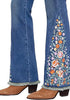 Vintage Blue  Women's Floral Embroidery Flare Jeans — High Waisted Stretchy Bootcut Denim with Raw Frayed Hem & Retro Distressed Wash