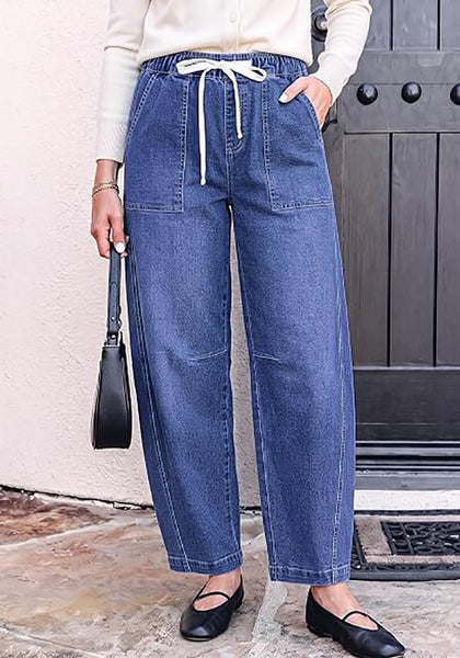 GRAPENT Women's High Waisted Baggy Barrel Jeans | Stretchy Denim, Elastic Drawstring Waist, Pull On, 27.5" Inseam, Ankle Length, Dressy Casual Outfits