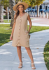 LookbookStore Women's Almond Knee Length Linen Dress – Sleeveless V Neck Button Down, Self Tie Waist & Side Pockets