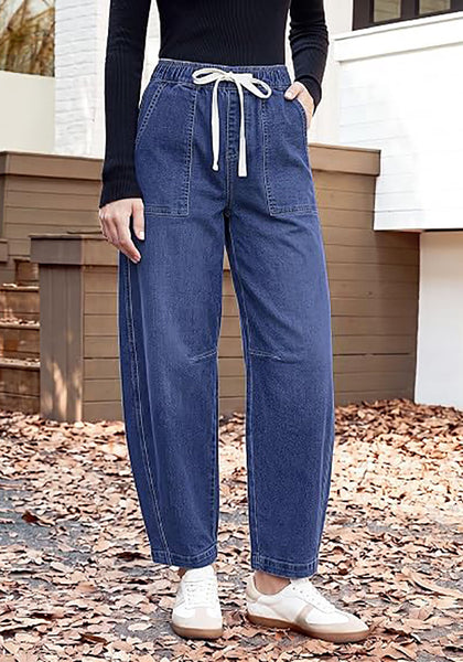 GRAPENT Women's High Waisted Baggy Barrel Jeans | Stretchy Denim, Elastic Drawstring Waist, Pull On, 27.5" Inseam, Ankle Length, Dressy Casual Outfits