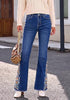 Classic Blue  Women's Floral Embroidery Flare Jeans — High Waisted Stretchy Bootcut Denim with Raw Frayed Hem & Retro Distressed Wash