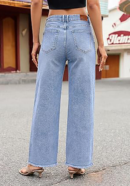 Reef Blue Women's High Waisted Wide Leg Jeans by luvamia — Stretchy 90s Baggy Straight Denim, Raw Hem, Button Front, 29.5" Inseam, Casual Western Work Pants