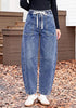 GRAPENT Women's High Waisted Baggy Barrel Jeans | Stretchy Denim, Elastic Drawstring Waist, Pull On, 27.5