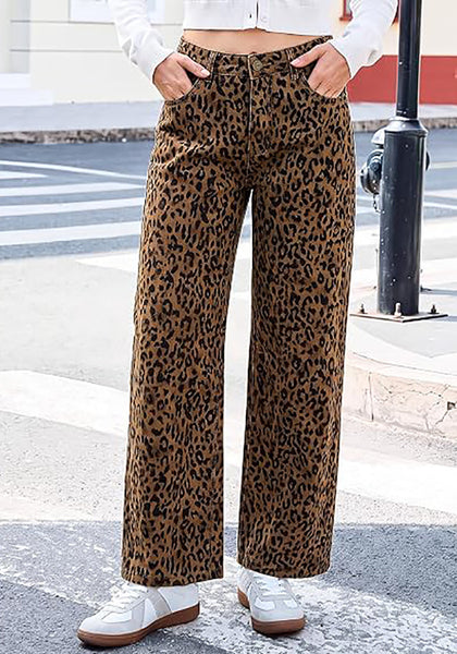 GRAPENT Women's High Waist Wide Leg Leopard Jeans | Stretchy Denim, Baggy Loose Fit, 29.5" Inseam, Cheetah Print, Western Chic Outfits