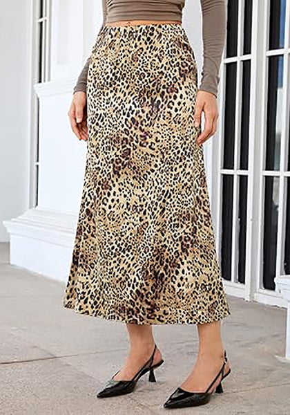 Brown Cheetah Women's Leopard Print Satin Maxi Skirt — High Waisted Bias Cut A Line Slip Skirt with Stretchy Elastic Waistband