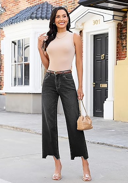 LookbookStore Women's Washed Black Mid Rise Straight Leg Cropped Jeans Baggy Loose Distressed Raw Hem Stretchy Denim Pants