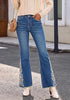 Vintage Blue  Women's Floral Embroidery Flare Jeans — High Waisted Stretchy Bootcut Denim with Raw Frayed Hem & Retro Distressed Wash