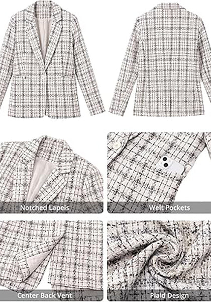 Beige Women's Plaid Tweed Work Blazer | Long Sleeve Notched Lapel Jacket, Fully Lined, Shoulder Pads, Single Button, 2 Pockets – Office, Interview, Business Casual