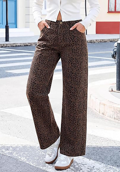 GRAPENT Women's High Waist Wide Leg Leopard Jeans | Stretchy Denim, Baggy Loose Fit, 29.5" Inseam, Cheetah Print, Western Chic Outfits